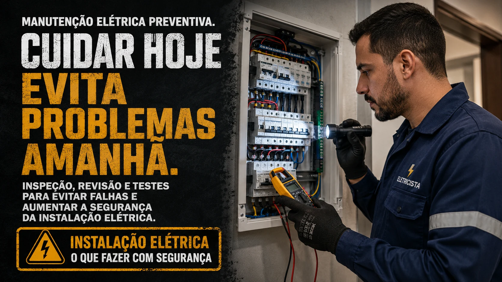 Capa do artigo Manutenção elétrica preventiva, mostrando eletricista inspecionando um quadro elétrico com lanterna e instrumento de medição.
