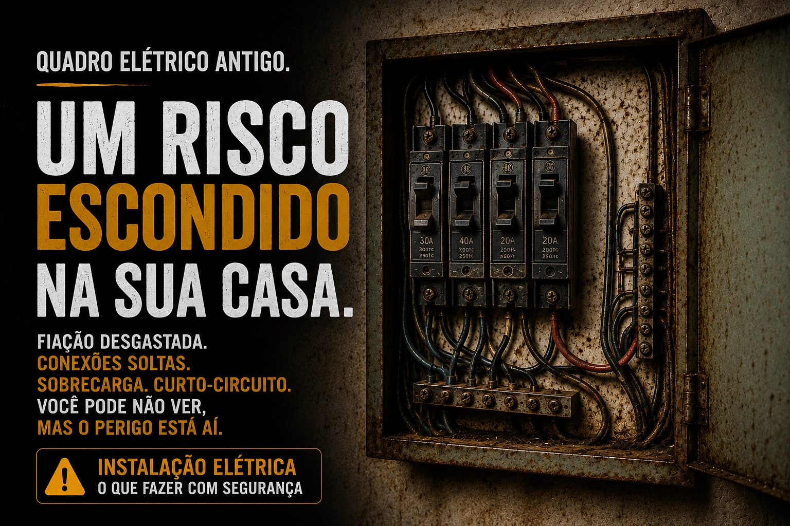 Capa do artigo Quadro elétrico antigo, mostrando um painel antigo com disjuntores e fiação desgastada.